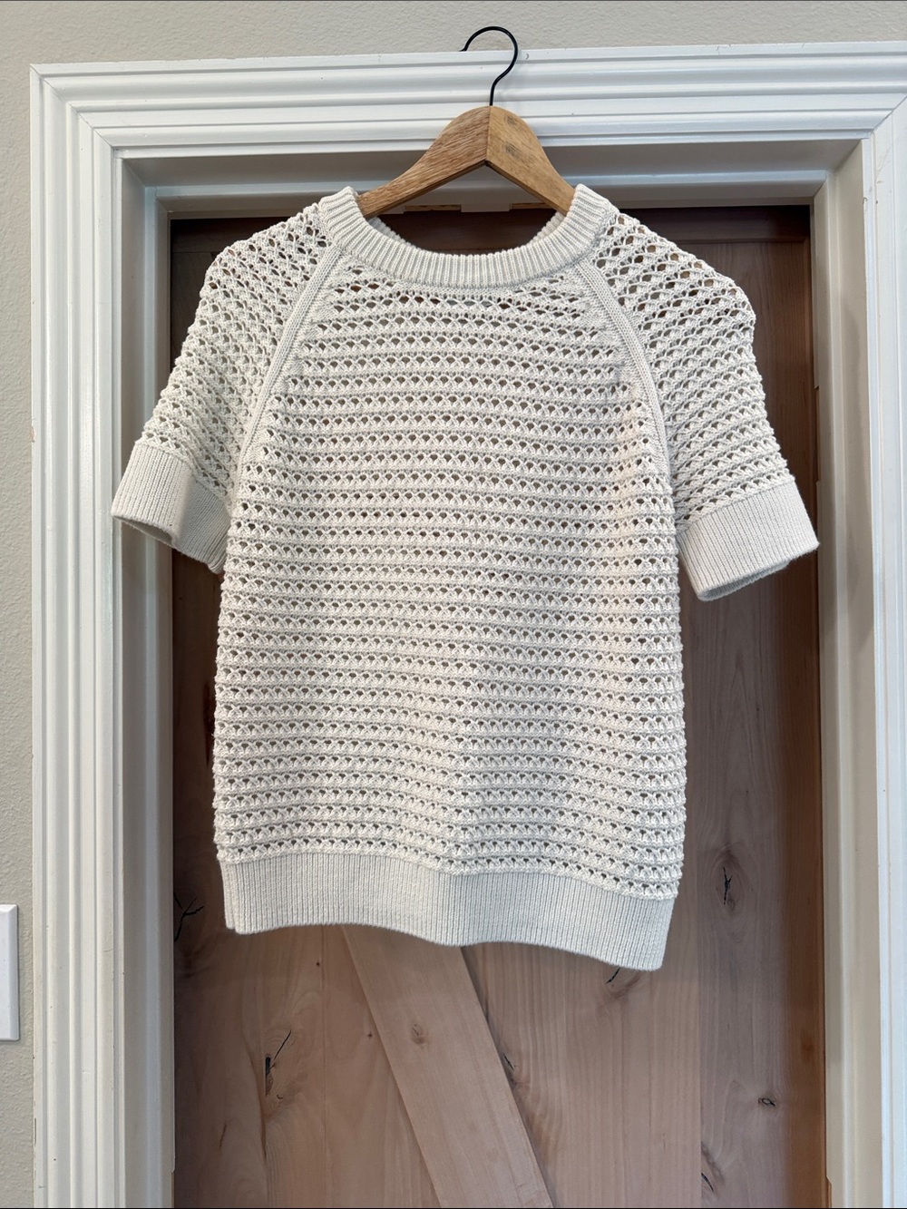 Anthropologie Cream Openwork Short-Sleeve Knit Sweater